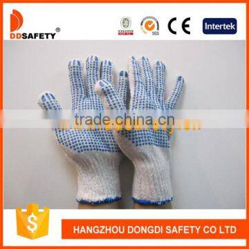 DDSAFETY 2017 7G Bleach Cotton Polyester Knitting Working Gloves With Blue PVC Dots Both Sides Safety Gloves