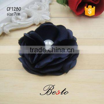 7CM Handmade sewing black pearl satin fabric flower