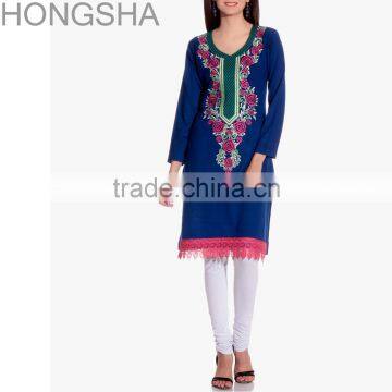 Latest Kurti Embroidery Neck Designs Blue Designer Fancy Kurti HSD1355