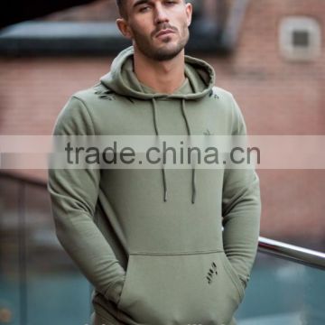 Olive Distressed Mens Pullover Hoodie 70% Cotton 30% Polyester Fleece Hoodie Tracksuit Top Fitted Gym Hoodie OEM