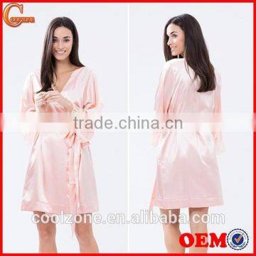 Elegant tie-up front lace trimmed sleeves kimono robe wholesale satin robe.