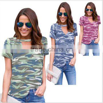 Fashion camouflage Round collar short sleeve sexy hollow out