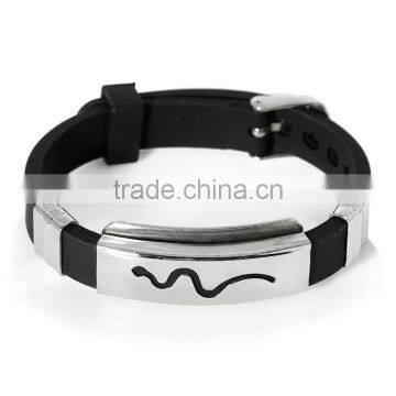 New Fashion Black 304 Stainless Steel Silver Tone Snake Carved Silicone Bracelets