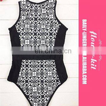 Lady One Piece Zipper Retro Print Bikini Push Up Monokini Conjoined Bathing Suit