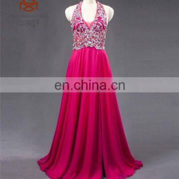 Cheap Best Quality ZZ-E0012 See Through Backless Halter Beading Long Chiffon Evening Dress