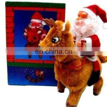 6 inch plush musical Santa clause riding on a walking reindeer with light