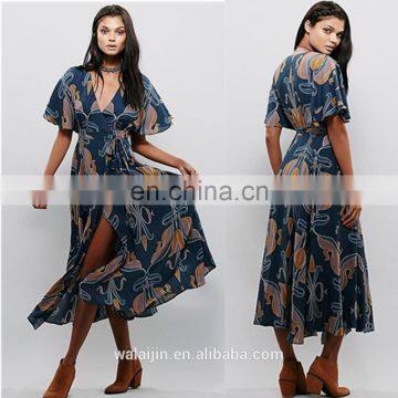 High quality deep v neck maxi wrap dress lady, long print wrap dress