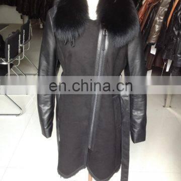 man' genuine leather fur jacket with fox fur collar