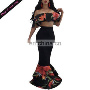 Short Sleeve Floral Accent Sexy Clubwear Ruffle Crop Tops and Skirt Sets