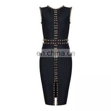 2017 fashion Black sleeveless O neck vent heavy beading beauty party dresses