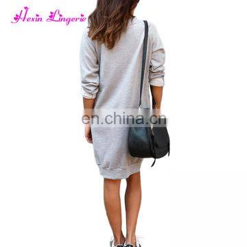High Quality Gray Hollow v Neck Long Sleeves European Long Sleeve Casual Autumn Dress photo-4