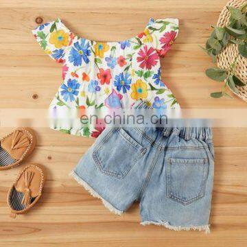 Girls flower one-shoulder top denim shorts suit