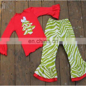 xmas christmas girls red cotton tshirt & kids green ruffle pants 2pcs set