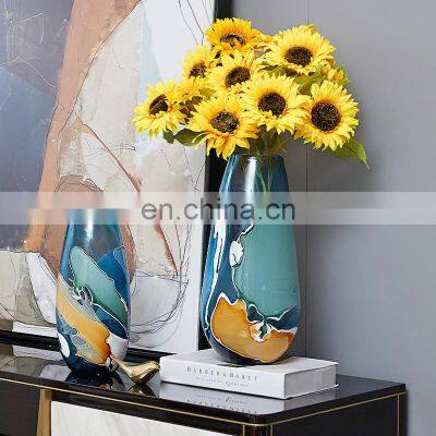Hand Blown Wholesale Luxury Set Modern Nordic Blue Flower Glass Vase for Home Decor photo-2