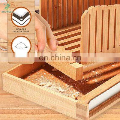 Bamboo Bread Slicer Cutting Guide With Stainless Steel Knife Foldable Compact Chopping Cutting Board With Crumb Tray for Bread