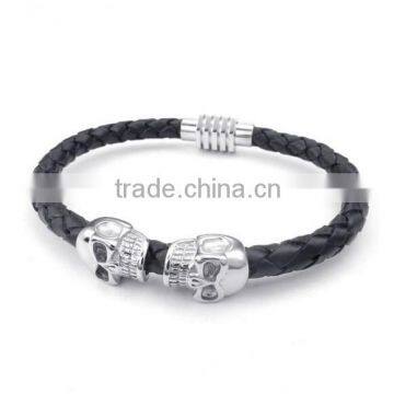 Mens Black Leather Bracelet Stainless Steel Skull Braided Cuff Bangle With Magnetic Clasp