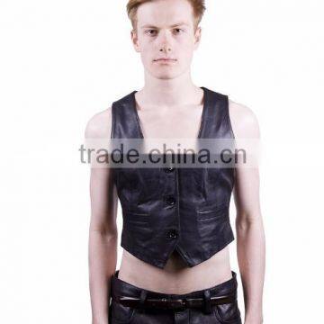 NEW 2015 BLACK BONDAGE LEATHER WAISTCOAT VEST SOFT LEATHER MATERIAL