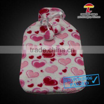 2000ml hot water bottle with coral fleece cover with lots hearts