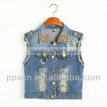 2015 ss new fashion punk style denim vest with hole and beadings,china supplier