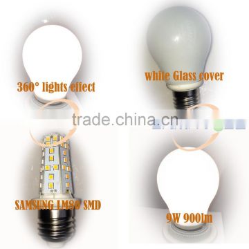 Samsung SMD 9W 900lm 360 degree Globe E27 LED bulb White glass Pear Shape Cover