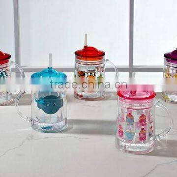 plastic double wall drink cup with straw for kids