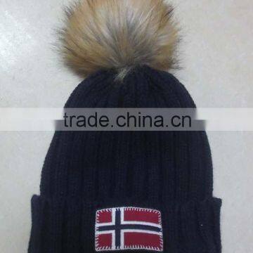 fashion knitted hat with faux fur pom,winter hats with pom poms custom pom pom knit hat