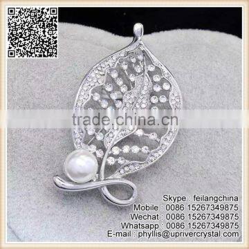 New Arrival Luxury Silver Crystal Leaf Brooch Pearl Brooch