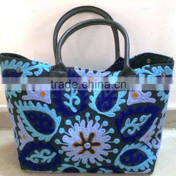 Suzani Floral Embroidery Multi color large cotton canvas tote bag