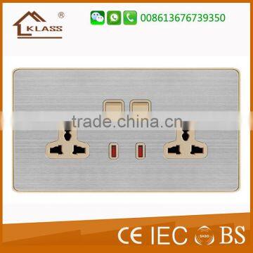 British Standard Stainless Steel 2 Gang 13A MF Switched Socket with neon, Double 13A Wall Socket and Switch