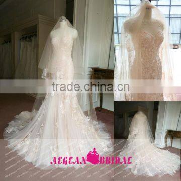 Pink Sweetheart Mermaid Long Lace Applique Wedding Dress MW-101