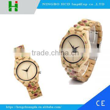 New! Chinese style peony print natural bamboo wooden watch