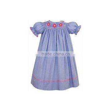 Girls fancy dress girls blue micro check smocked bishop flowers stylish dress