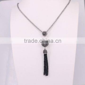 Titanium Agate Geode Gem stone Druzy Pendant Necklace, Crystal Paved Black Crystal Tassel Jewelry, Druzy Tassel Necklace