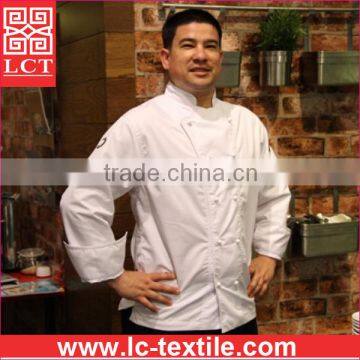 supply 2015 newest design 245gsm drill fabric chef coat uniform with stiff cuffs for roll up sleeve(LCTU0022)