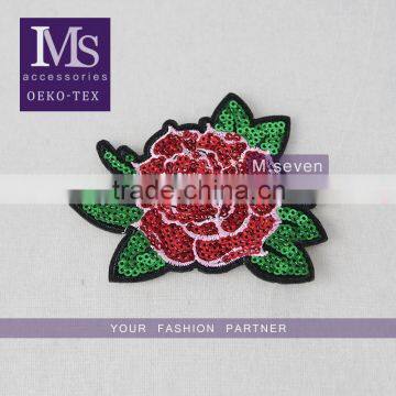 2016 100% polyester material in red color sequin embroidery 3D rose flower patches for clothing