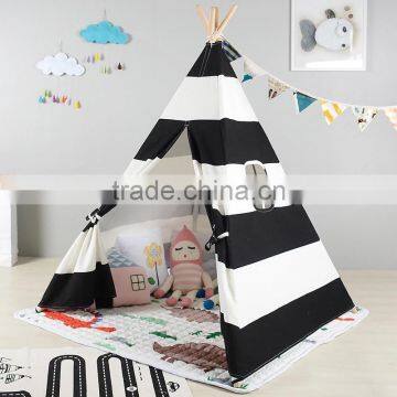 Cotton canvas wooden pole black striped kids teepee tent