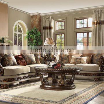 Comfortable American Vintage Solid Wood Fabric Living Room Sofa Set/Carving Round Coffee table (MOQ=1 Set)