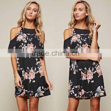 Adorable Off Shoulder Dress For Ladies Night Out Polyester Spandex Blend Black Floral Cold Shoulder Dress