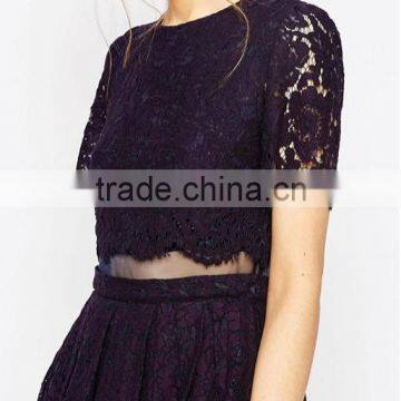 China Guangzhou Clothing OEM Scalloped Edges Round Neckline Crop Top Mesh Insert Midi Women Dress photo-3