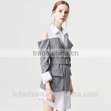 2017 New Design Cold Shoulder Long Sleeve Fake 2 Piece Shirt photo-4