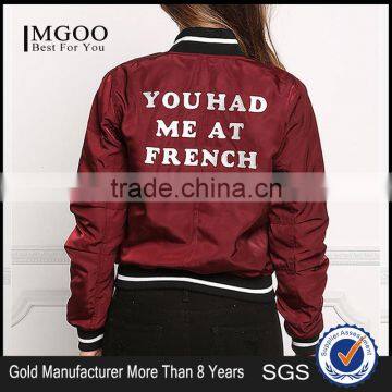 MGOO Foshan Manfuacturer Wine Red Polyester Bomber Jackets Zip Up Custom Back Print Winter Coat With Padded