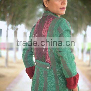Vintage Kantha Long Jacket in Beautiful Viridian Green and Dull Red ~ Small photo-3