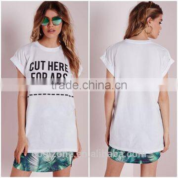 Women custom rolled sleeves white t shirt,elongated t shirt wholesale china