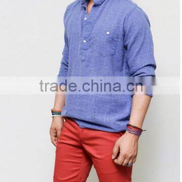 Men's Long Sleeve Blue Laid-back Holiday Linen Pull Over Henley Mandarine Shirt photo-2