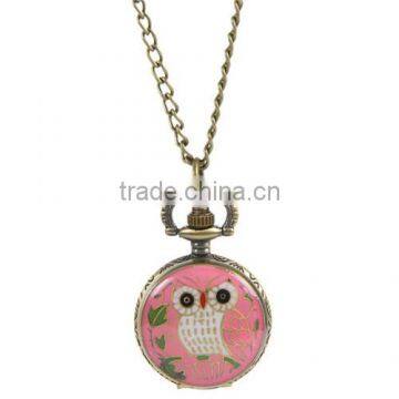 Round Antique Bronze Owl Pattern Halloween Enamel Pink & White & Green Pocket Watches 85cm