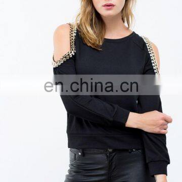 China Fashion Crewneck Sweatshirt Custom Cold Shoulder Long Sleeve Crewneck Sweatshirt With Chain photo-2