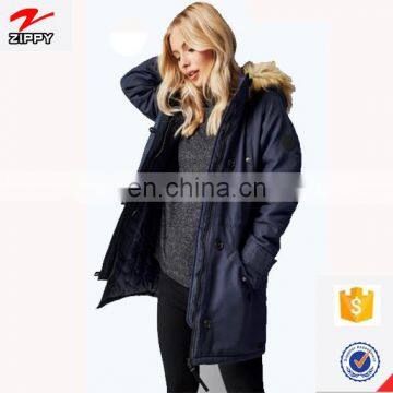 Dongguan Manufacturer Professional Customization Freestyle Women's Navy Parka with Fur Hood Ladies Warm Long Jacket