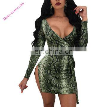 Sexy Women's Green Long Sleeve Snakeskin Print Mini Club Dresses