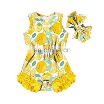 Golden color lemon pattern printing ruffle Toddlers jumpsuit Soft Newborn Bodysuit wholesale Girls Romper matching headband