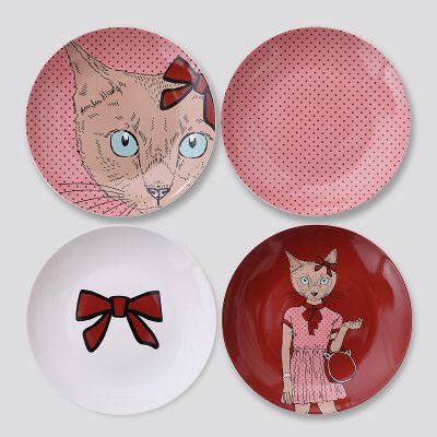 Nordic Simple Style Hand Made Cartoon Cat Dog Red White Plate For Food And Wall Decoration